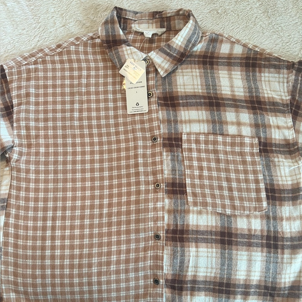 Patchwork Plaid Cropped Button Down Shirt